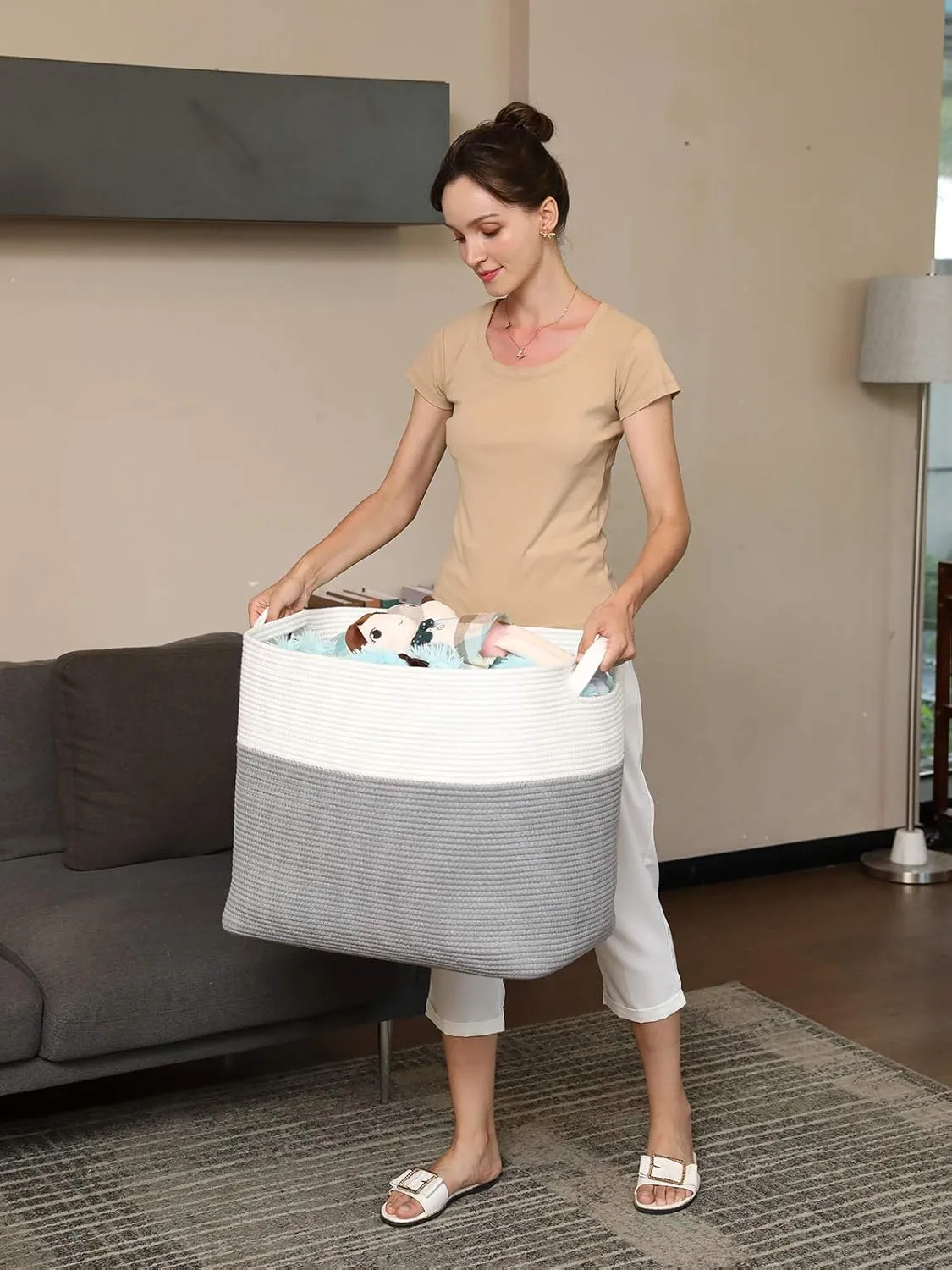 22"x14"x18" Mega Size Rectangular Extra Large Storage Basket, Rectangular Cotton Rope Storage Baskets, Woven Laundry Hamper, Cloth Storage Bin, for Clothes Blanket in Living Room, Grey Basket