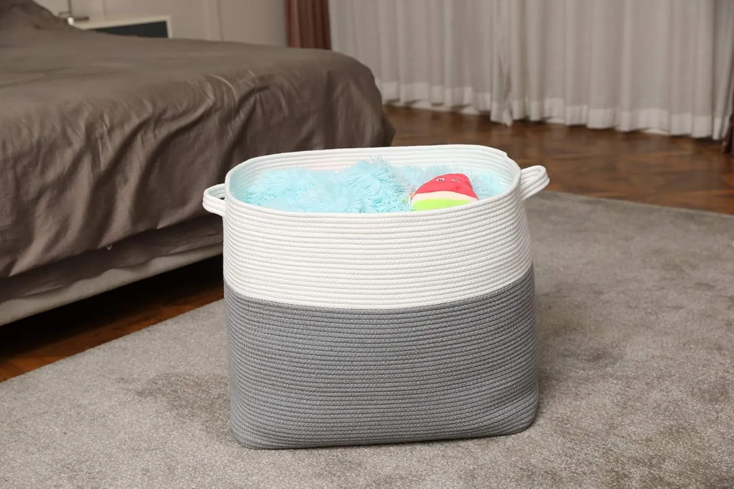 22"x14"x18" Mega Size Rectangular Extra Large Storage Basket, Rectangular Cotton Rope Storage Baskets, Woven Laundry Hamper, Cloth Storage Bin, for Clothes Blanket in Living Room, Grey Basket