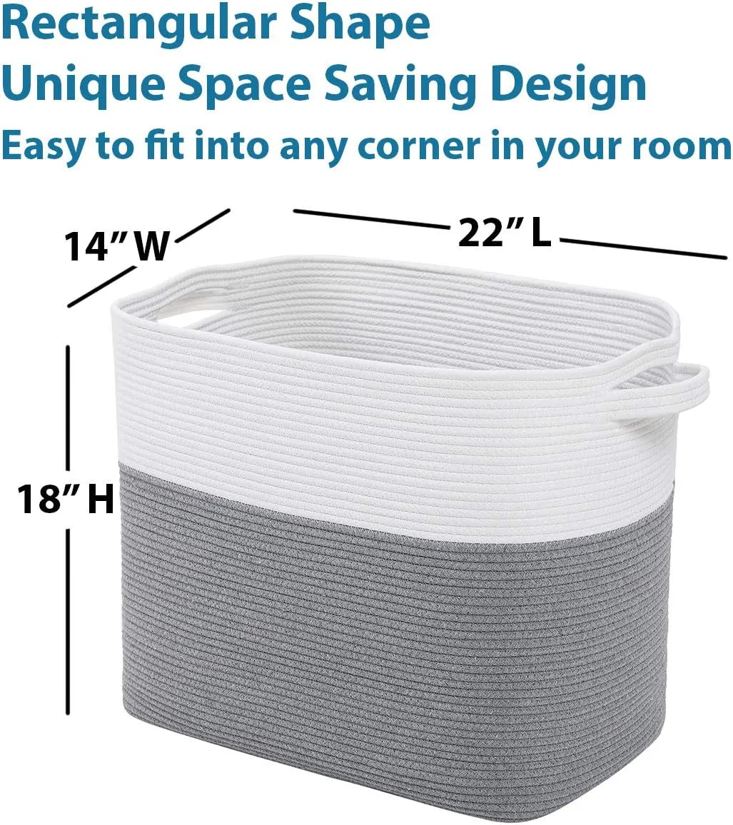 22"x14"x18" Mega Size Rectangular Extra Large Storage Basket, Rectangular Cotton Rope Storage Baskets, Woven Laundry Hamper, Cloth Storage Bin, for Clothes Blanket in Living Room, Grey Basket