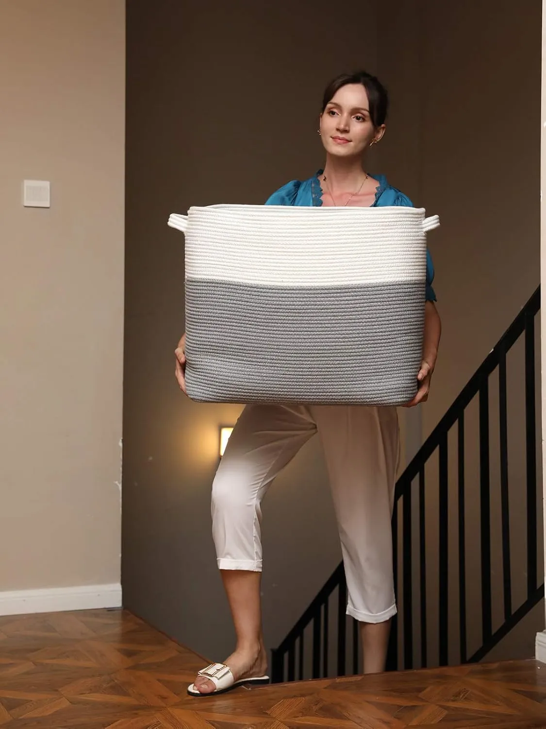 22"x14"x18" Mega Size Rectangular Extra Large Storage Basket, Rectangular Cotton Rope Storage Baskets, Woven Laundry Hamper, Cloth Storage Bin, for Clothes Blanket in Living Room, Grey Basket