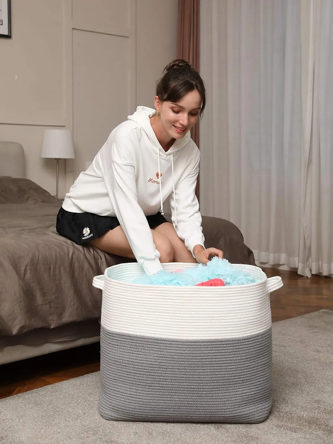 22"x14"x18" Mega Size Rectangular Extra Large Storage Basket, Rectangular Cotton Rope Storage Baskets, Woven Laundry Hamper, Cloth Storage Bin, for Clothes Blanket in Living Room, Grey Basket