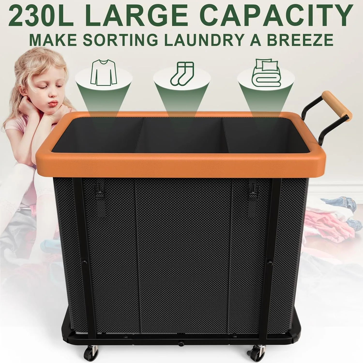 230L (60 Gal) Extra Large Fashion Laundry Sorter 3 Section with Lid, Rolling Laundry Basket Hamper with Handle, Laundry Organizer Storage Cart with Sturdy Metal Frame for Laundry Room, Hotel, Black