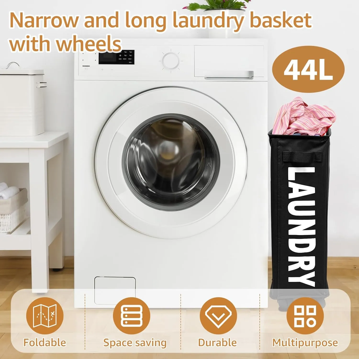 23inch Slim Laundry Basket 44L Rolling Laundry Hamper on Wheels Collapsible Clothes Hamper with Handle Freestanding Laundry Bin Narrow Laundry Bag Yoga Mat Storage Racks for Clothes Toys Yo