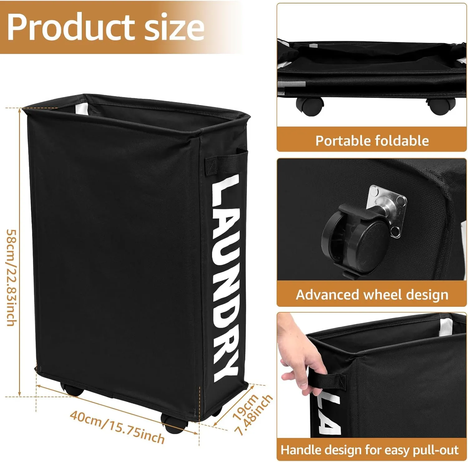 23inch Slim Laundry Basket 44L Rolling Laundry Hamper on Wheels Collapsible Clothes Hamper with Handle Freestanding Laundry Bin Narrow Laundry Bag Yoga Mat Storage Racks for Clothes Toys Yo