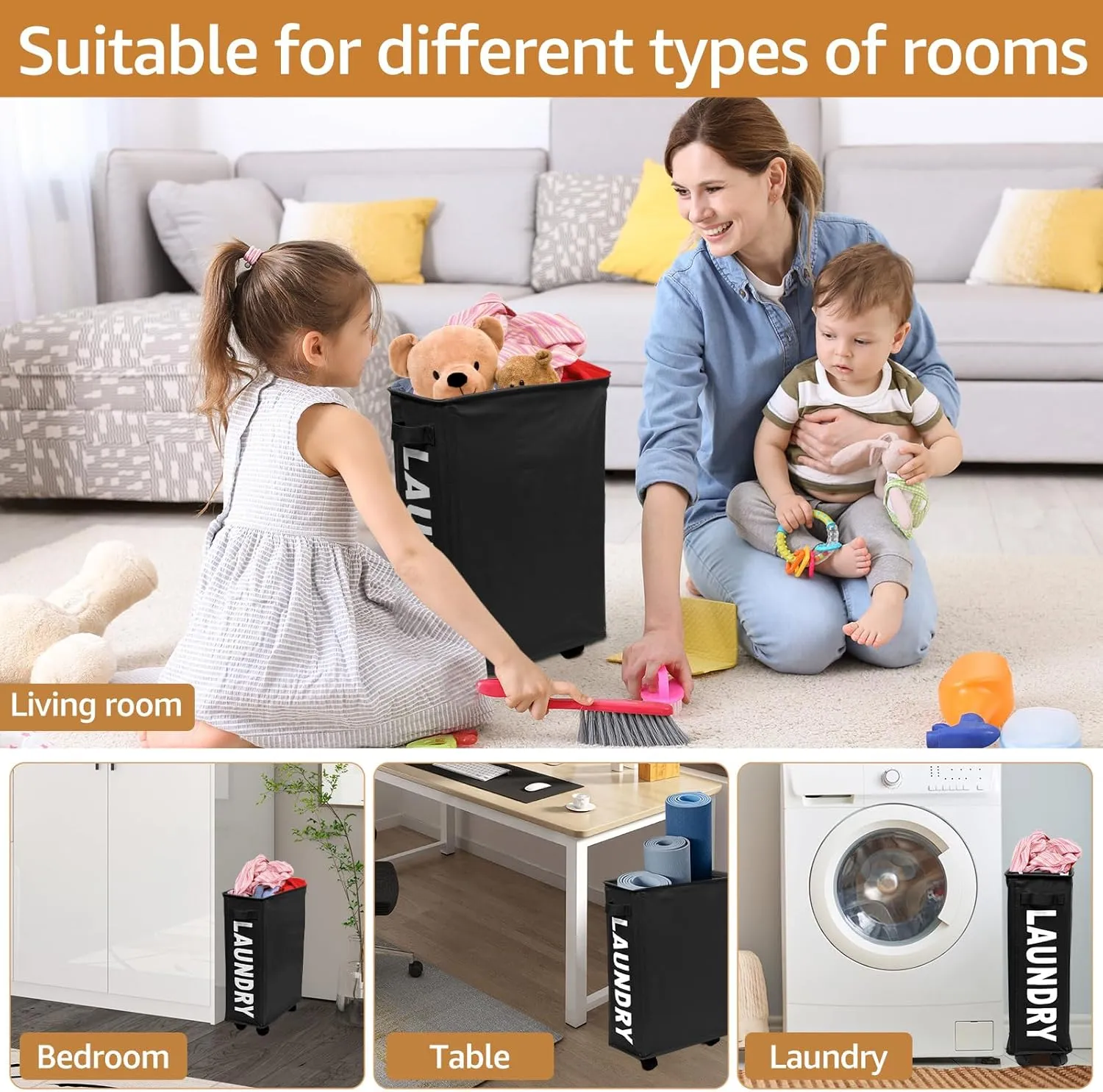 23inch Slim Laundry Basket 44L Rolling Laundry Hamper on Wheels Collapsible Clothes Hamper with Handle Freestanding Laundry Bin Narrow Laundry Bag Yoga Mat Storage Racks for Clothes Toys Yo