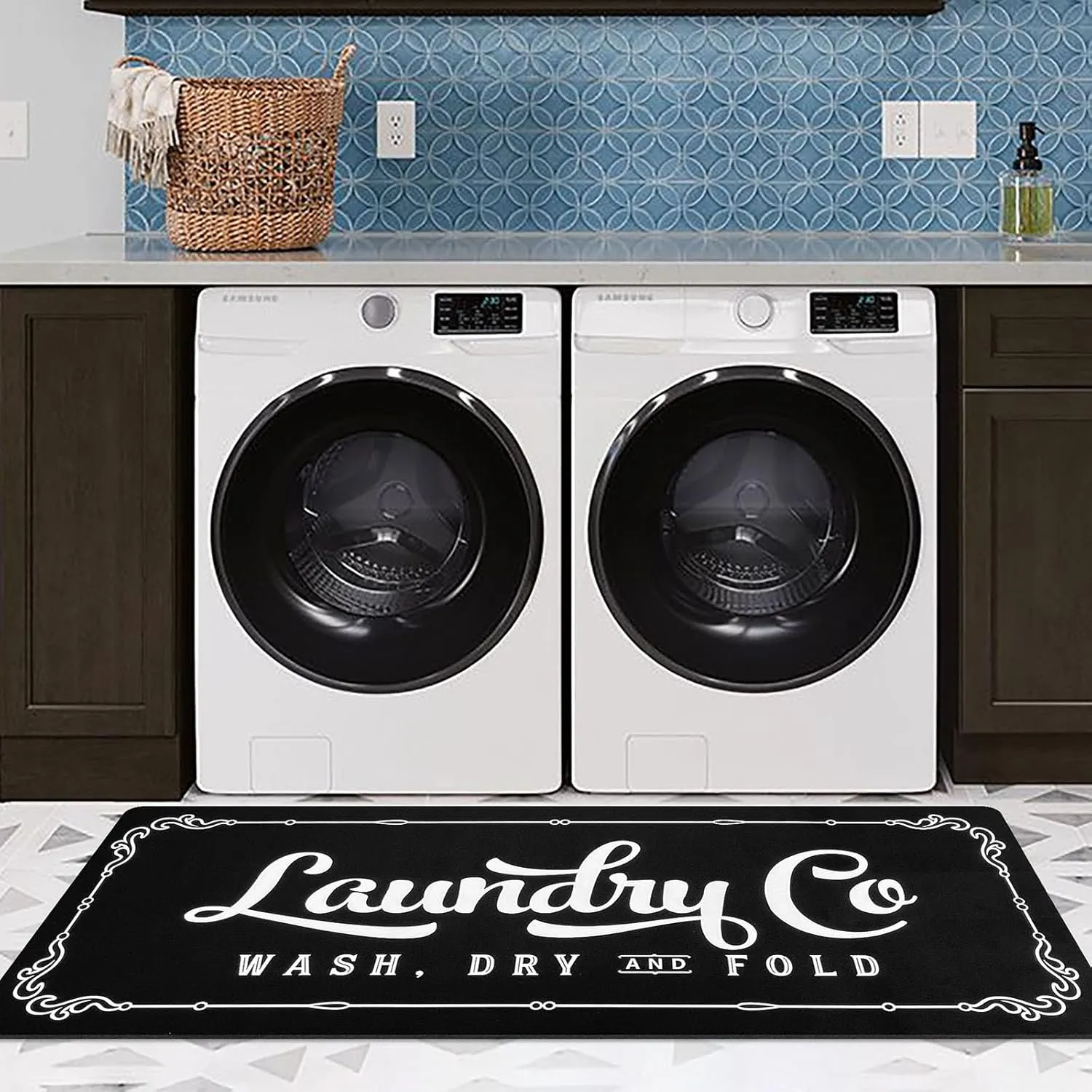 24"x60" Laundry Rug Runner, Non Slip Waterproof Washable Floor Mat, Laundry Co. Rug for Farmhouse Laundry Decor, Kitchen, Bathroom, Mudroom (Black)