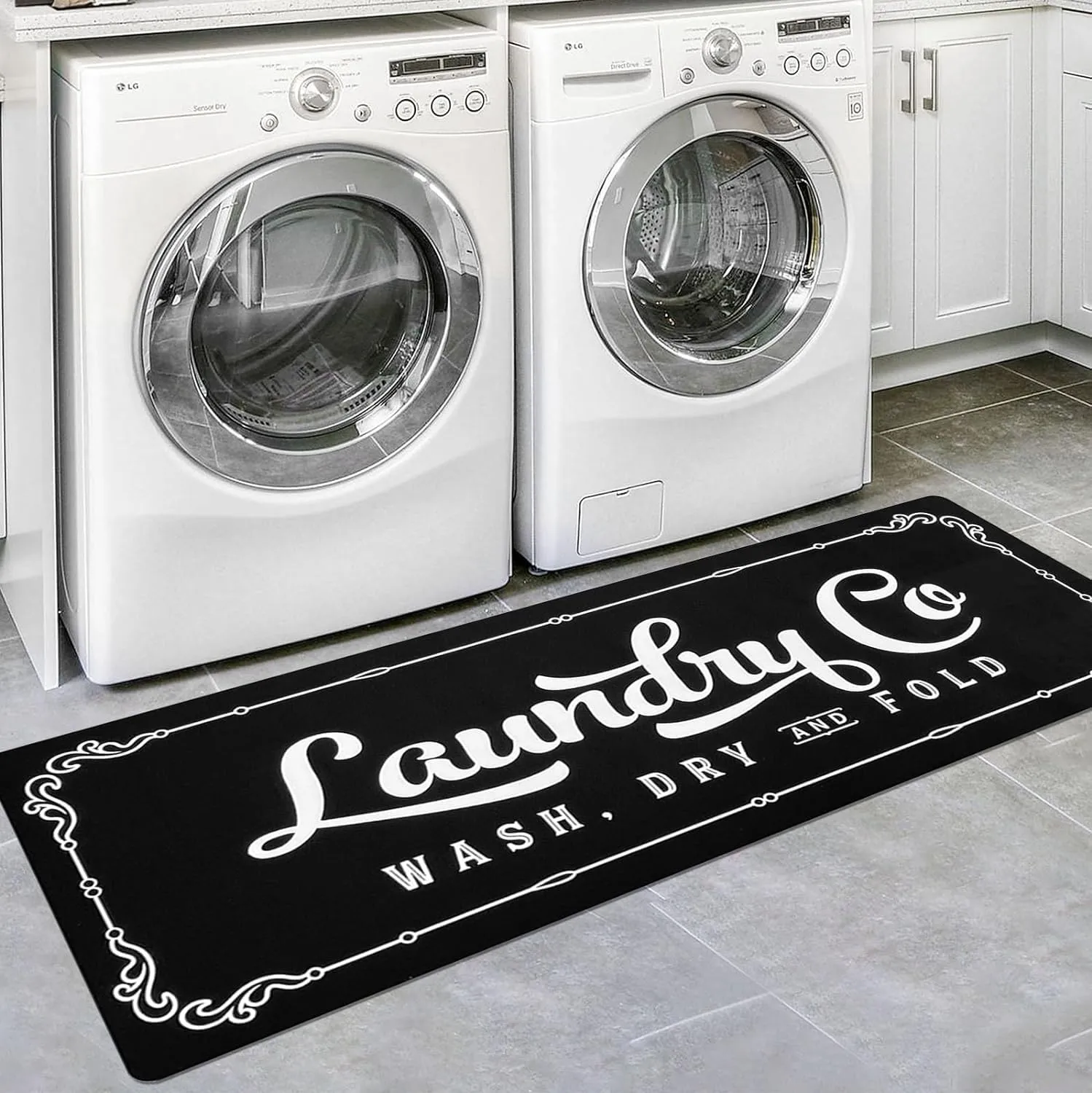 24"x60" Laundry Rug Runner, Non Slip Waterproof Washable Floor Mat, Laundry Co. Rug for Farmhouse Laundry Decor, Kitchen, Bathroom, Mudroom (Black)