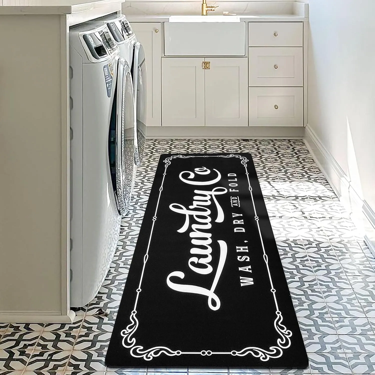 24"x60" Laundry Rug Runner, Non Slip Waterproof Washable Floor Mat, Laundry Co. Rug for Farmhouse Laundry Decor, Kitchen, Bathroom, Mudroom (Black)