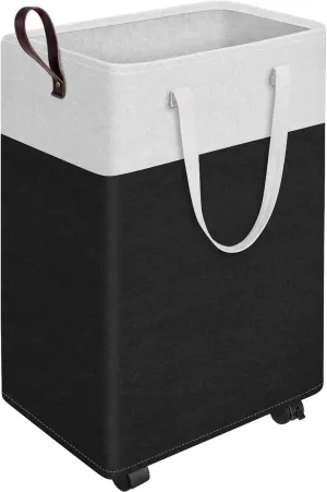 25.2-Inches Rolling Slim Laundry Basket on Wheels, Collapsible & Waterproof Laundry Hamper, Freestanding Narrow Corner Clothes Bins with Easy Carry Handles for Clothes at Home, Black