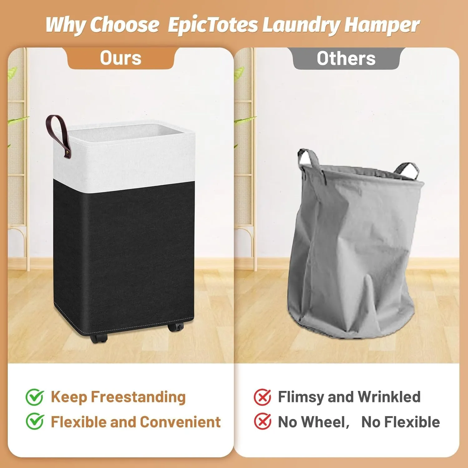 25.2-Inches Rolling Slim Laundry Basket on Wheels, Collapsible & Waterproof Laundry Hamper, Freestanding Narrow Corner Clothes Bins with Easy Carry Handles for Clothes at Home, Black