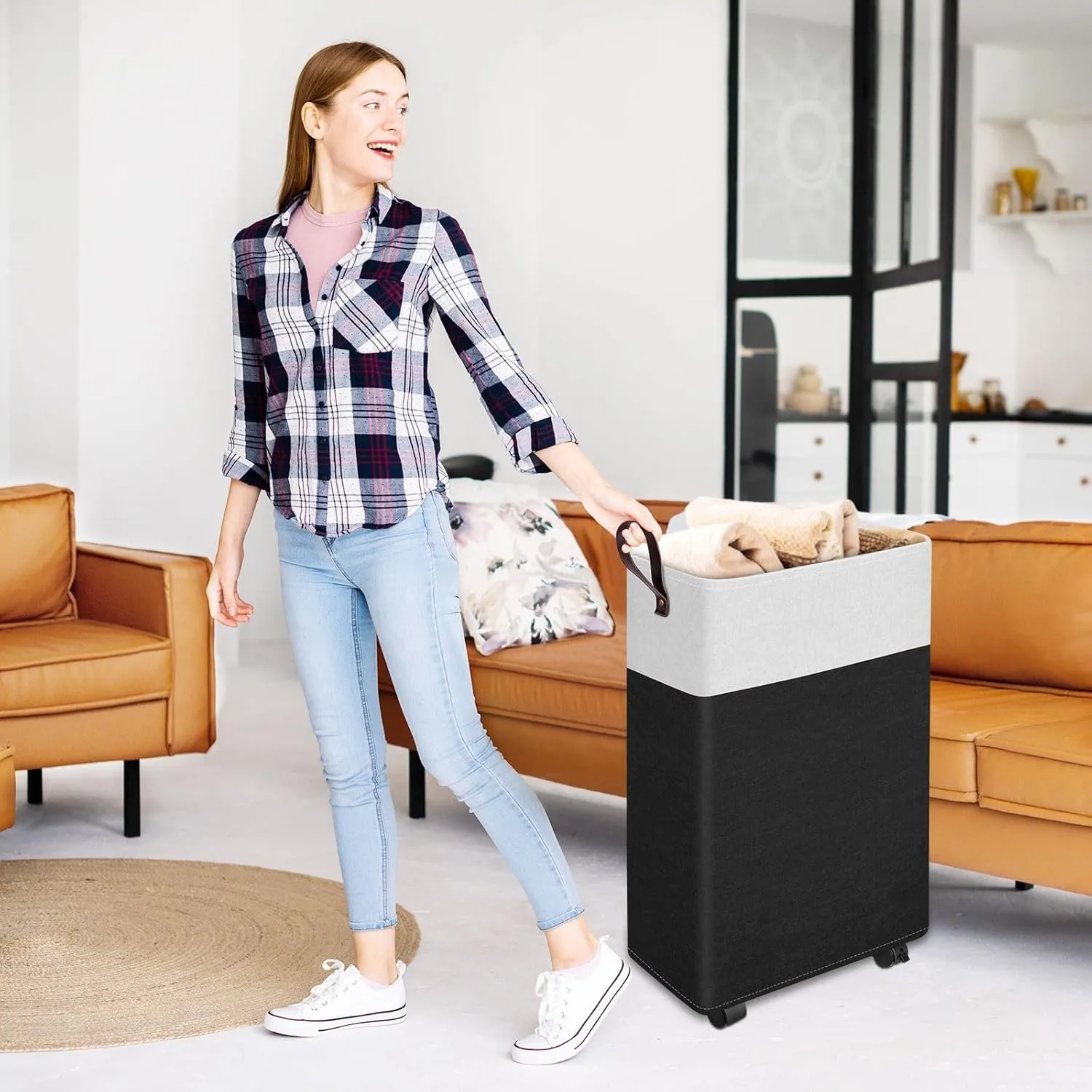 25.2-Inches Rolling Slim Laundry Basket on Wheels, Collapsible & Waterproof Laundry Hamper, Freestanding Narrow Corner Clothes Bins with Easy Carry Handles for Clothes at Home, Black