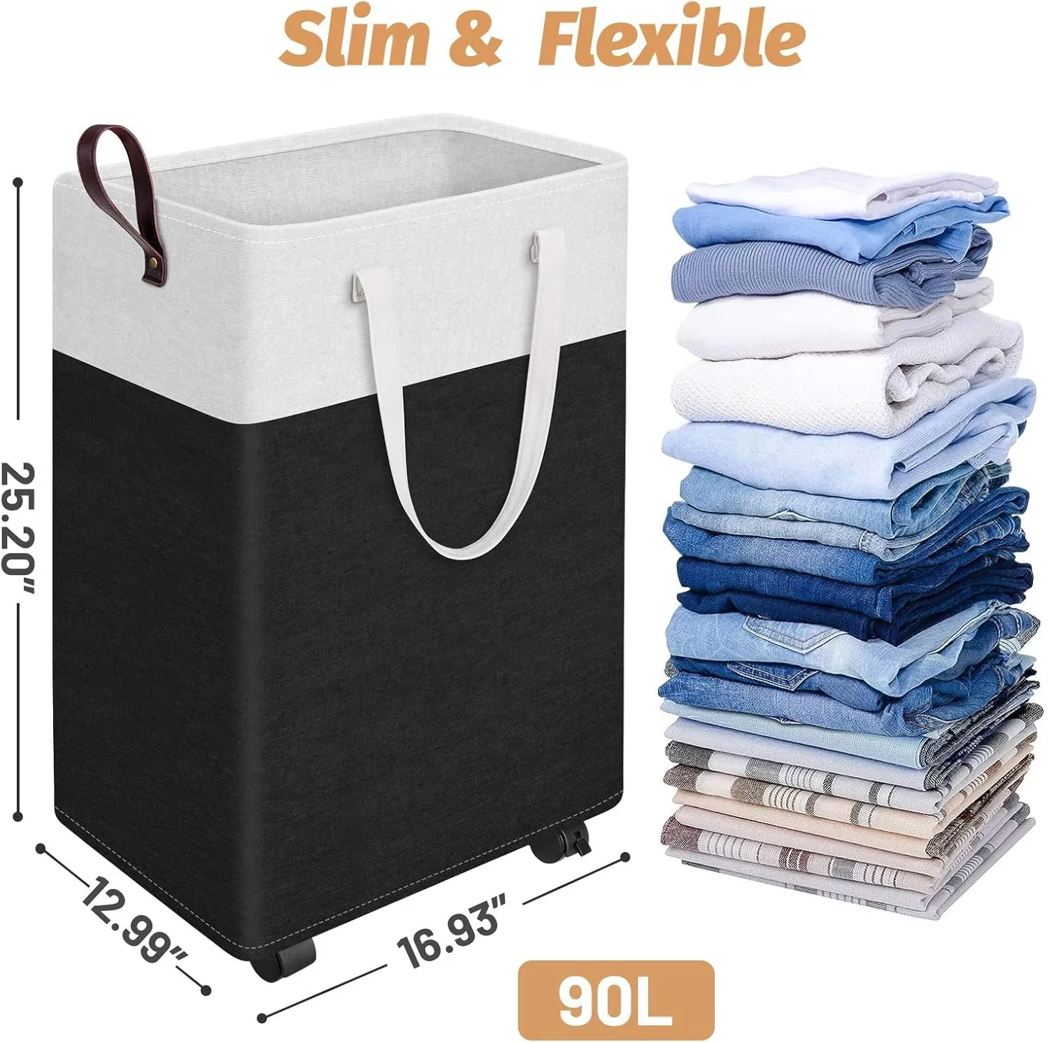 25.2-Inches Rolling Slim Laundry Basket on Wheels, Collapsible & Waterproof Laundry Hamper, Freestanding Narrow Corner Clothes Bins with Easy Carry Handles for Clothes at Home, Black