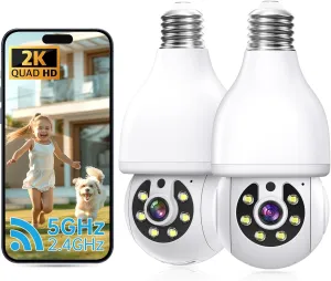 2K Light Bulb Security Camera 5G&2.4G WiFi Security Cameras Wireless Outdoor Indoor,360°Bulb Cameras for Home Security Outside Indoor,Motion Detection and Alarm,Two-Way Talk,Color Night Vision 2 Pack