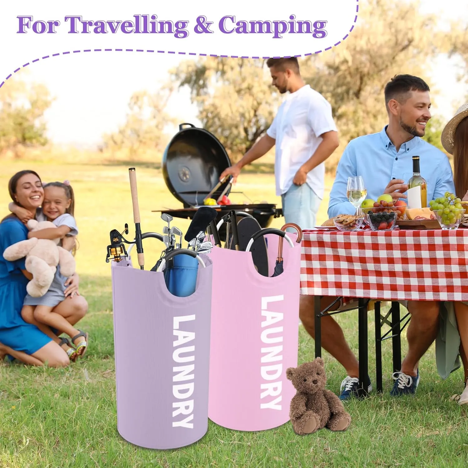 2Pcs 95L Folding Laundry Basket, Large Laundry Hamper with Soft Handles, Freestanding Dirty Clothes Basket, Sturdy Oxford Fabric Clothes Hampers for Travel, Dormitory, Purple   Pink