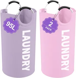 2Pcs 95L Folding Laundry Basket, Large Laundry Hamper with Soft Handles, Freestanding Dirty Clothes Basket, Sturdy Oxford Fabric Clothes Hampers for Travel, Dormitory, Purple   Pink