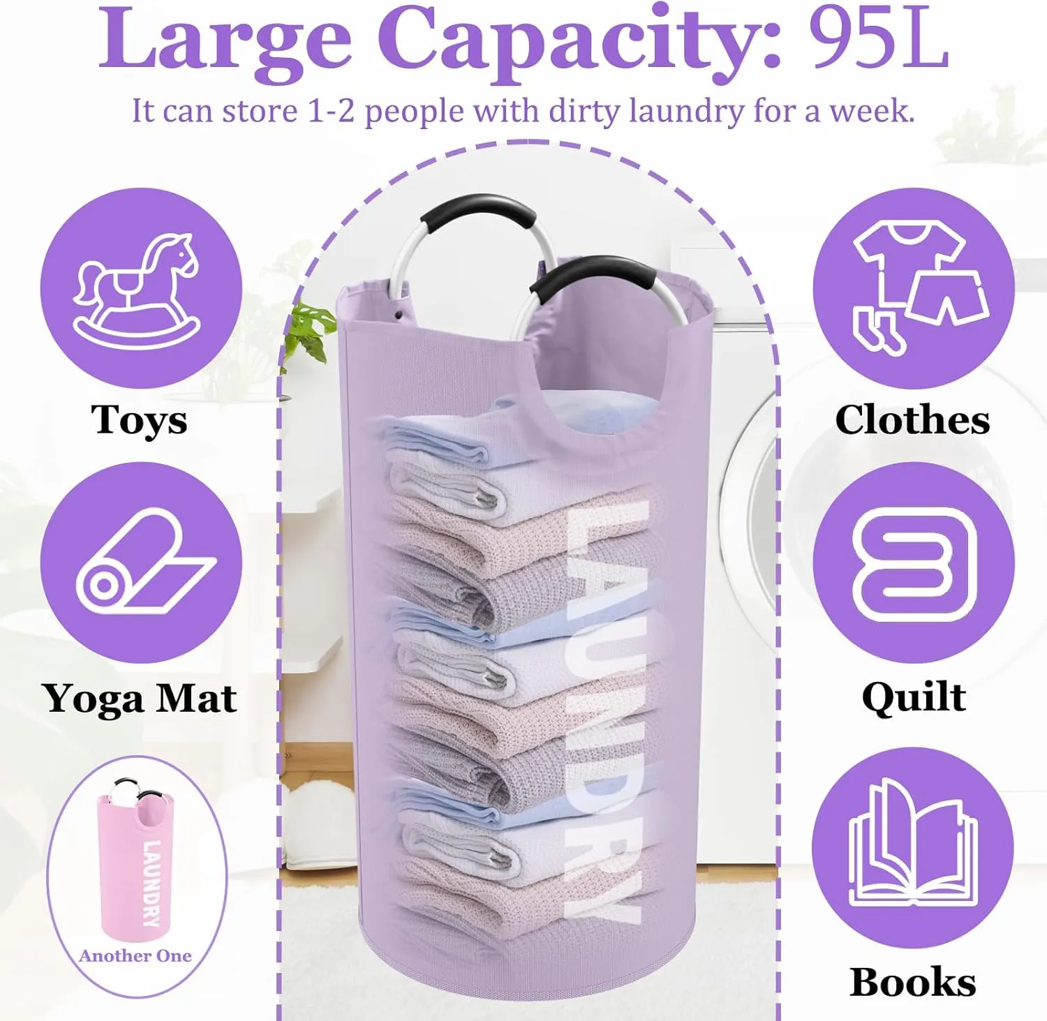 2Pcs 95L Folding Laundry Basket, Large Laundry Hamper with Soft Handles, Freestanding Dirty Clothes Basket, Sturdy Oxford Fabric Clothes Hampers for Travel, Dormitory, Purple   Pink