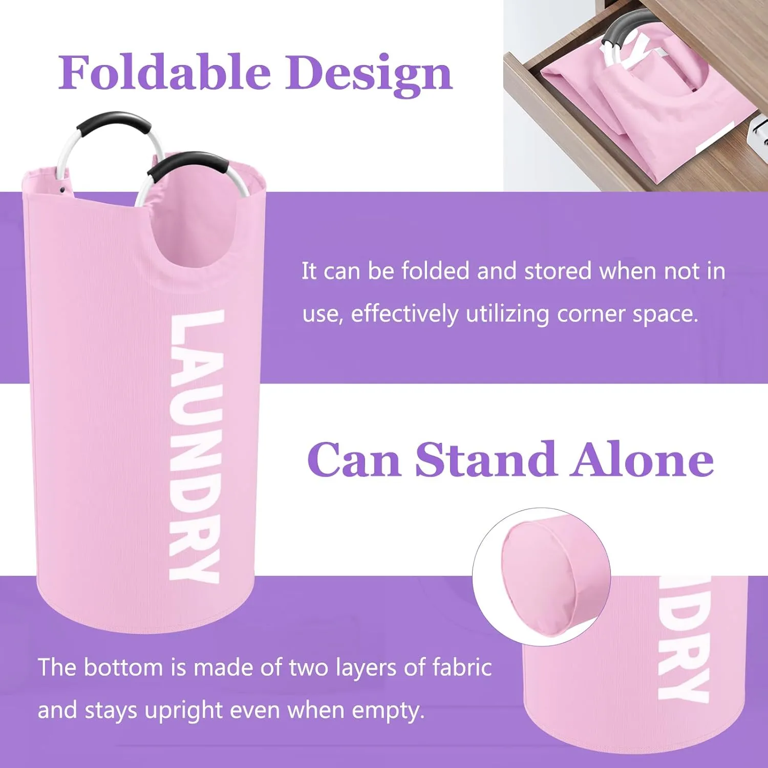 2Pcs 95L Folding Laundry Basket, Large Laundry Hamper with Soft Handles, Freestanding Dirty Clothes Basket, Sturdy Oxford Fabric Clothes Hampers for Travel, Dormitory, Purple   Pink