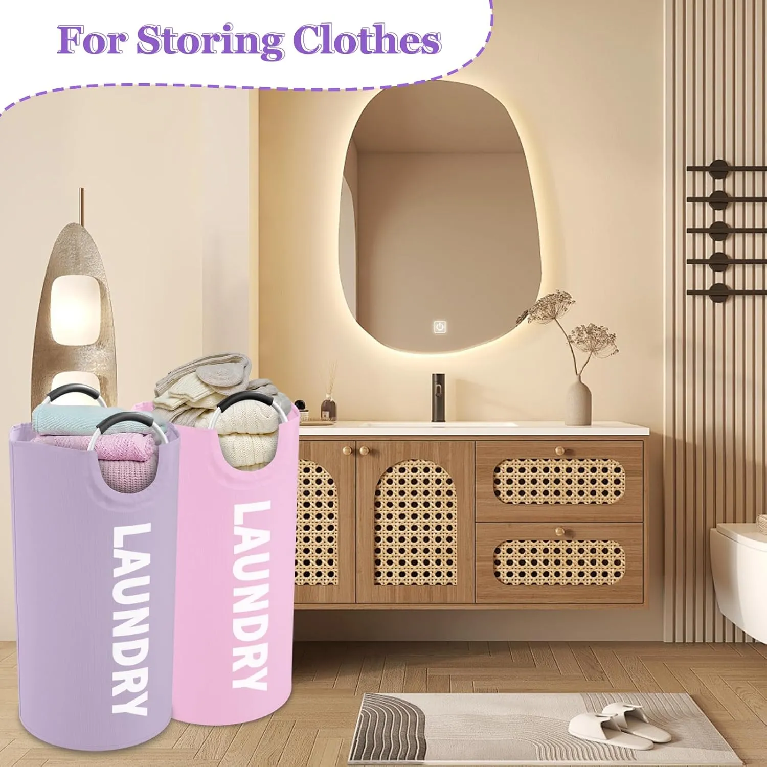 2Pcs 95L Folding Laundry Basket, Large Laundry Hamper with Soft Handles, Freestanding Dirty Clothes Basket, Sturdy Oxford Fabric Clothes Hampers for Travel, Dormitory, Purple   Pink