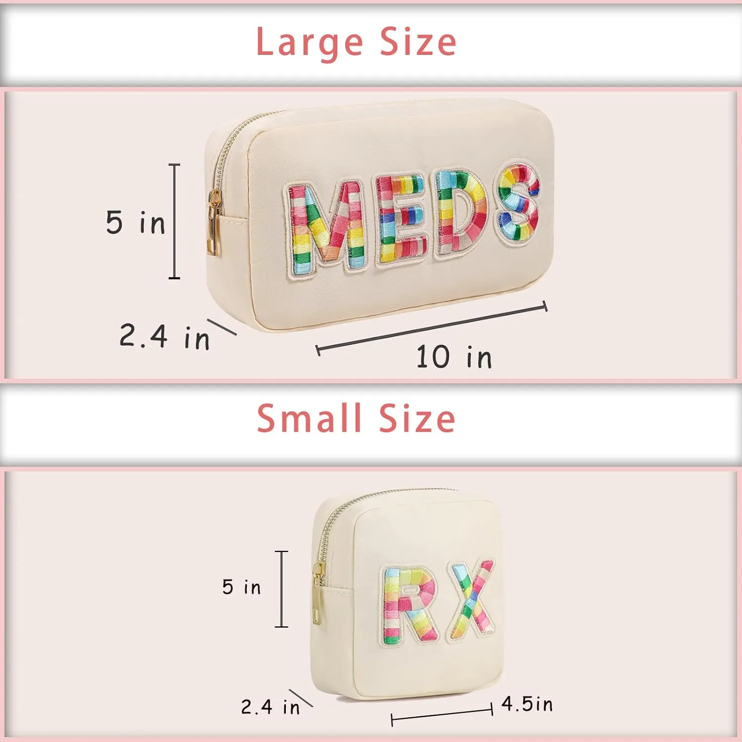 2Pcs Chenille Letter Patch Nylon Medicine Makeup Bag Set,Cute MEDS Travel Makeup Bag with Metal Zipper, First Aid Purse Organizer Cosmetic Bag for Women and Girls(MEDS and RX)