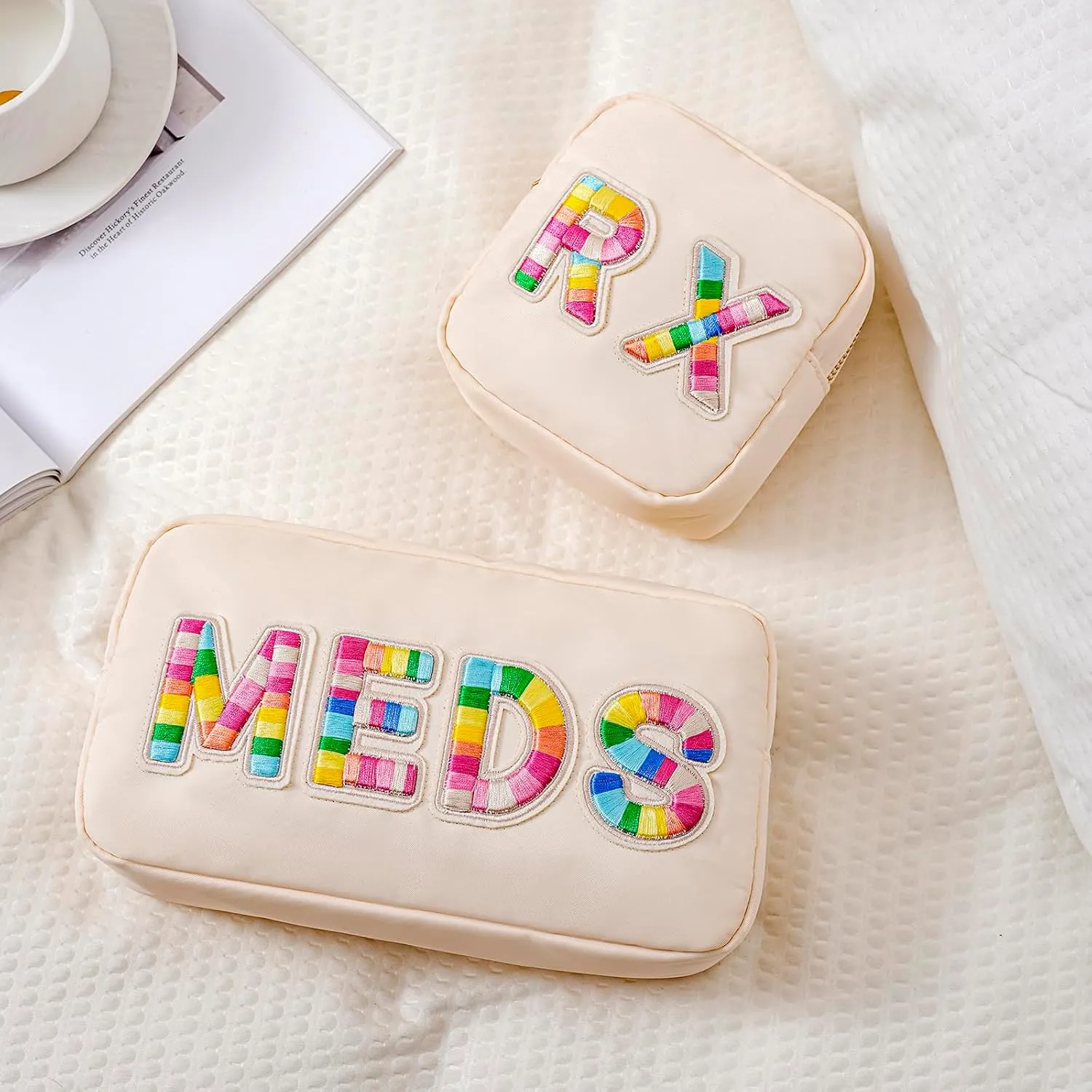 2Pcs Chenille Letter Patch Nylon Medicine Makeup Bag Set,Cute MEDS Travel Makeup Bag with Metal Zipper, First Aid Purse Organizer Cosmetic Bag for Women and Girls(MEDS and RX)