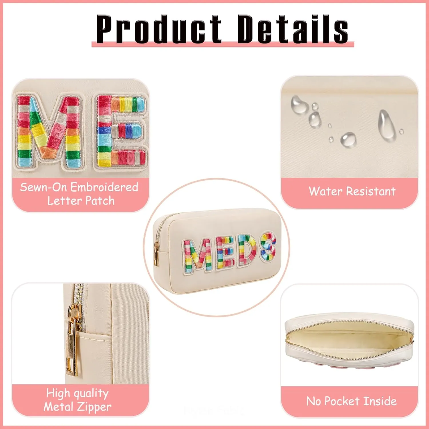 2Pcs Chenille Letter Patch Nylon Medicine Makeup Bag Set,Cute MEDS Travel Makeup Bag with Metal Zipper, First Aid Purse Organizer Cosmetic Bag for Women and Girls(MEDS and RX)