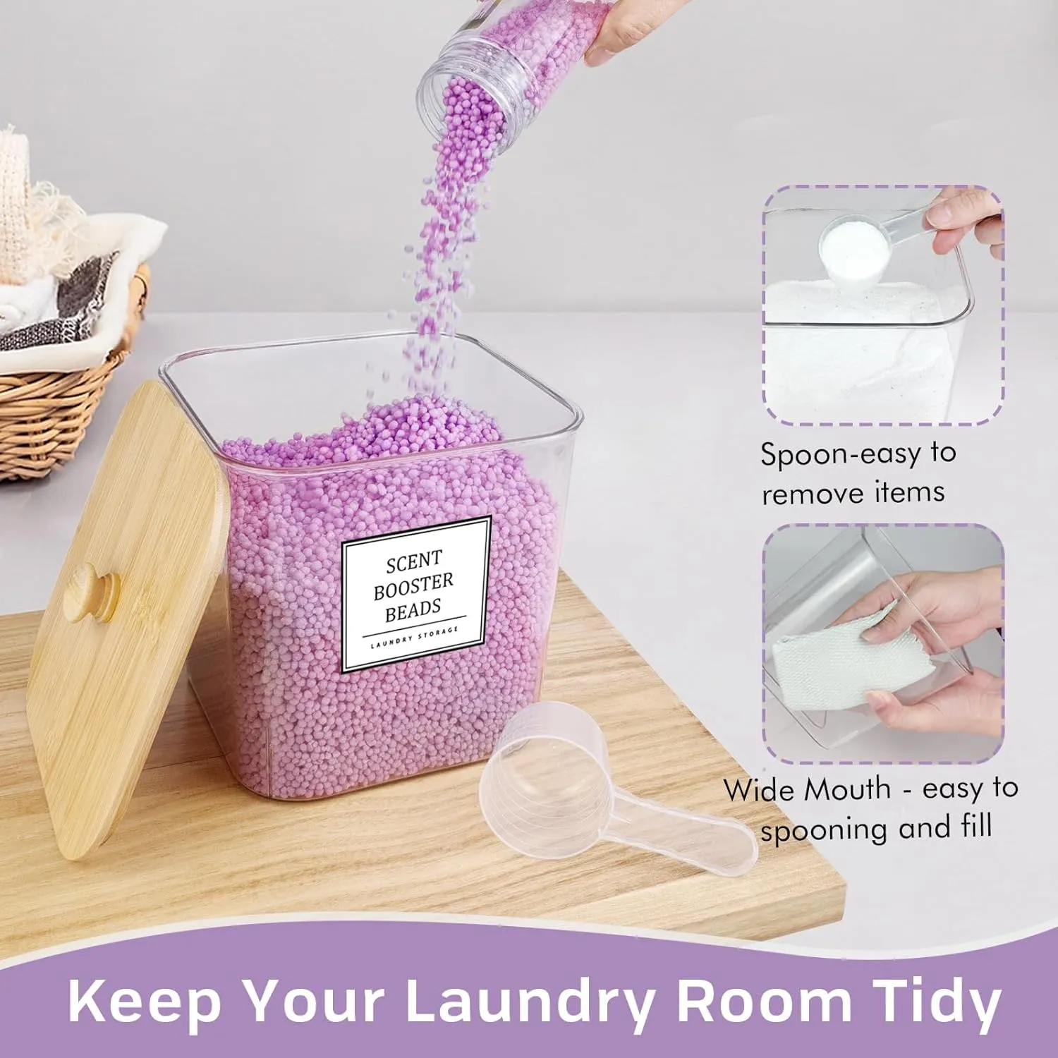 3 1 Pack Laundry Pods Container,Clear Laundry Room Organization Containers,Large Laundry Detergent Powder Storage Containers with Wooden Lids & Labels,Laundry Pods Holder for Scent Booster,Powder,Pods