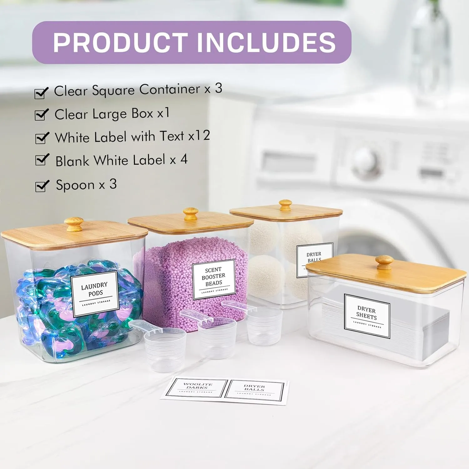 3 1 Pack Laundry Pods Container,Clear Laundry Room Organization Containers,Large Laundry Detergent Powder Storage Containers with Wooden Lids & Labels,Laundry Pods Holder for Scent Booster,Powder,Pods