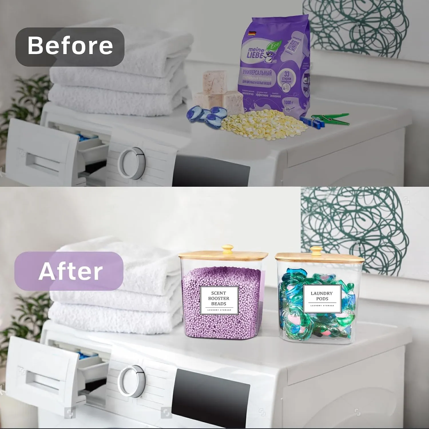3 1 Pack Laundry Pods Container,Clear Laundry Room Organization Containers,Large Laundry Detergent Powder Storage Containers with Wooden Lids & Labels,Laundry Pods Holder for Scent Booster,Powder,Pods