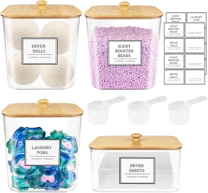 3 1 Pack Laundry Pods Container,Clear Laundry Room Organization Containers,Large Laundry Detergent Powder Storage Containers with Wooden Lids & Labels,Laundry Pods Holder for Scent Booster,Powder,Pods
