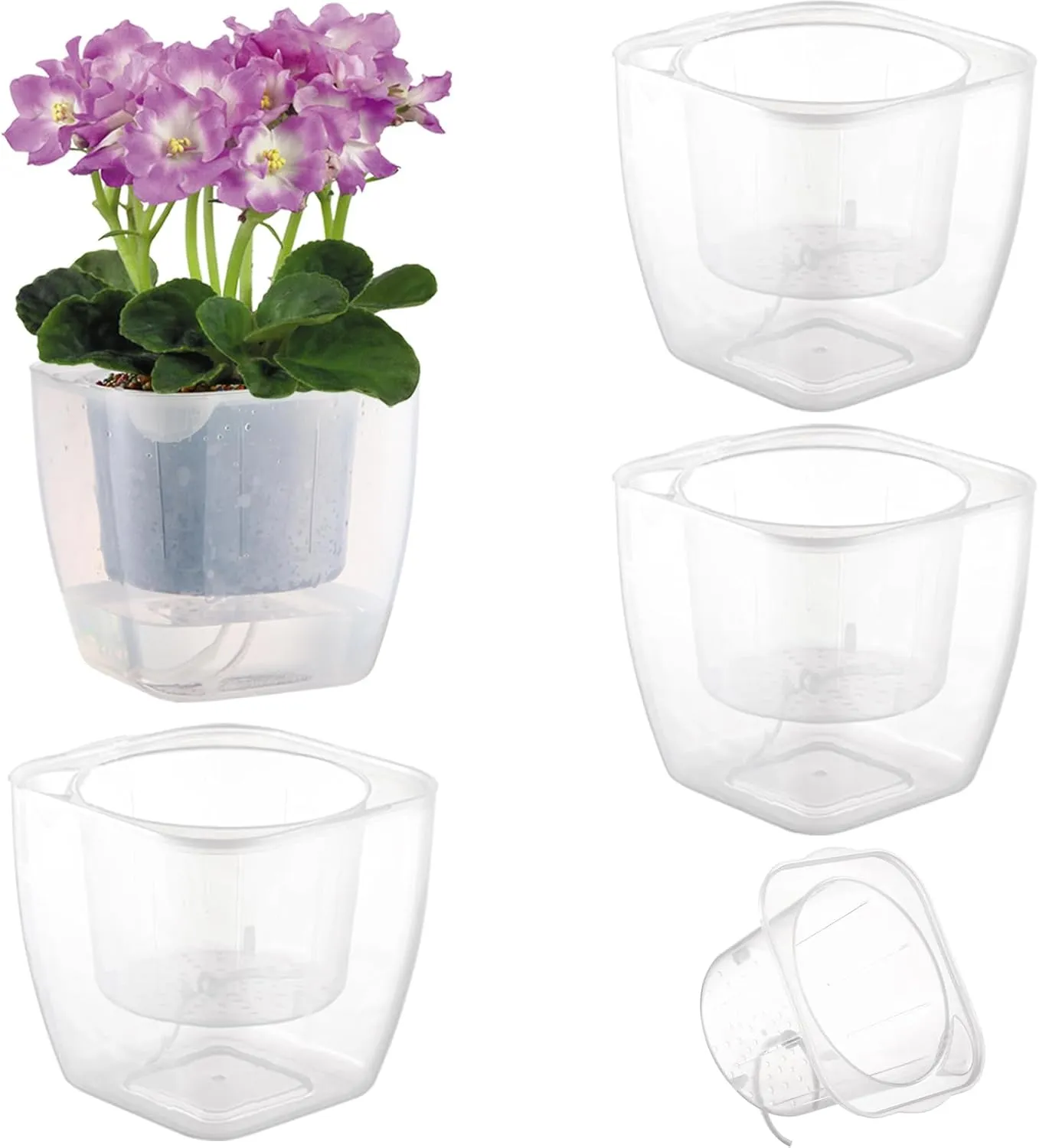3-Pack Clear Self Watering Planters for Indoor Plants 7" Large African Violet Plant Pots Plastic Wick Flower Pots with Water Injection Hole, Orchid Plant Pot Set, Clear