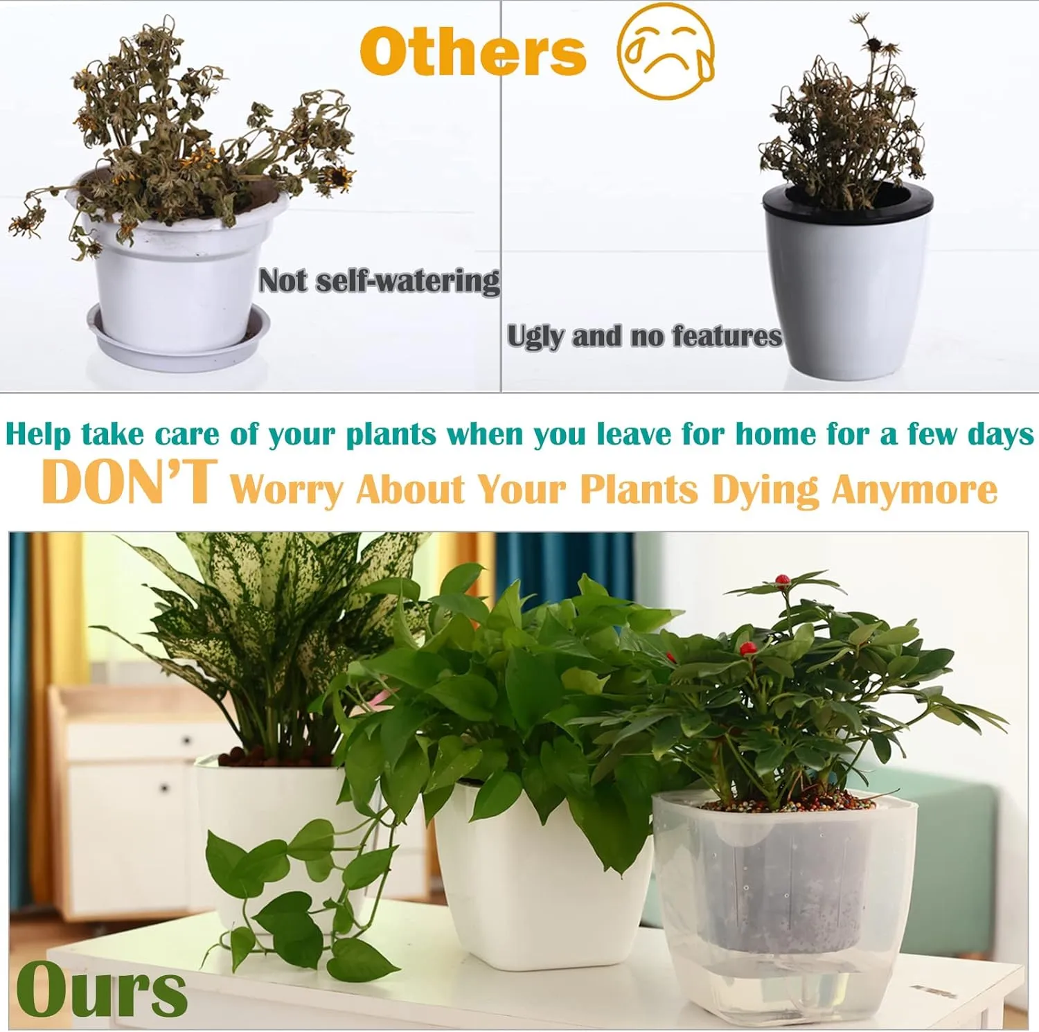 3-Pack Clear Self Watering Planters for Indoor Plants 7" Large African Violet Plant Pots Plastic Wick Flower Pots with Water Injection Hole, Orchid Plant Pot Set, Clear