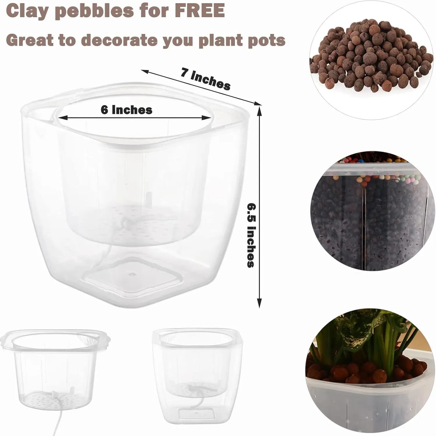 3-Pack Clear Self Watering Planters for Indoor Plants 7" Large African Violet Plant Pots Plastic Wick Flower Pots with Water Injection Hole, Orchid Plant Pot Set, Clear