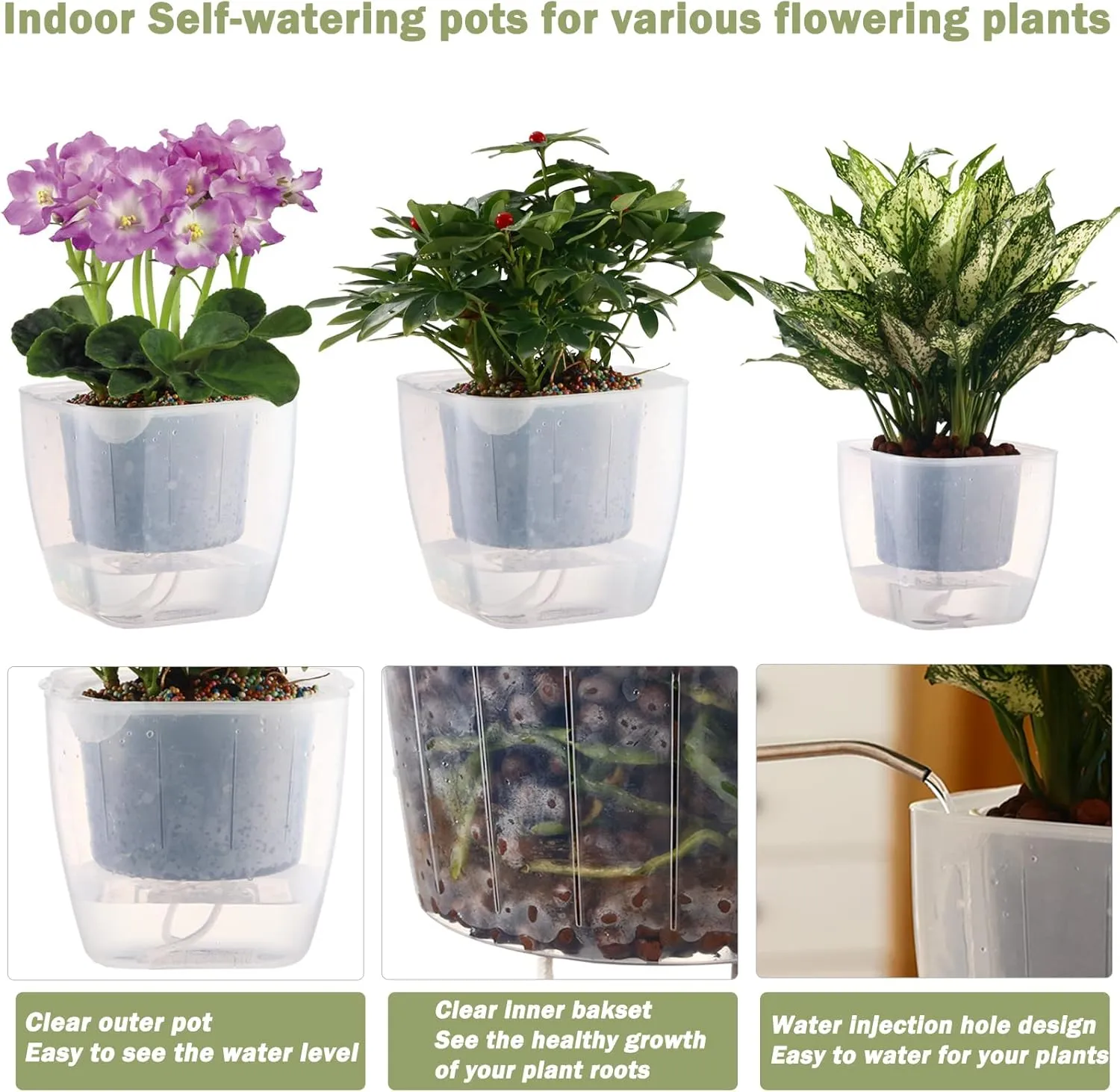 3-Pack Clear Self Watering Planters for Indoor Plants 7" Large African Violet Plant Pots Plastic Wick Flower Pots with Water Injection Hole, Orchid Plant Pot Set, Clear