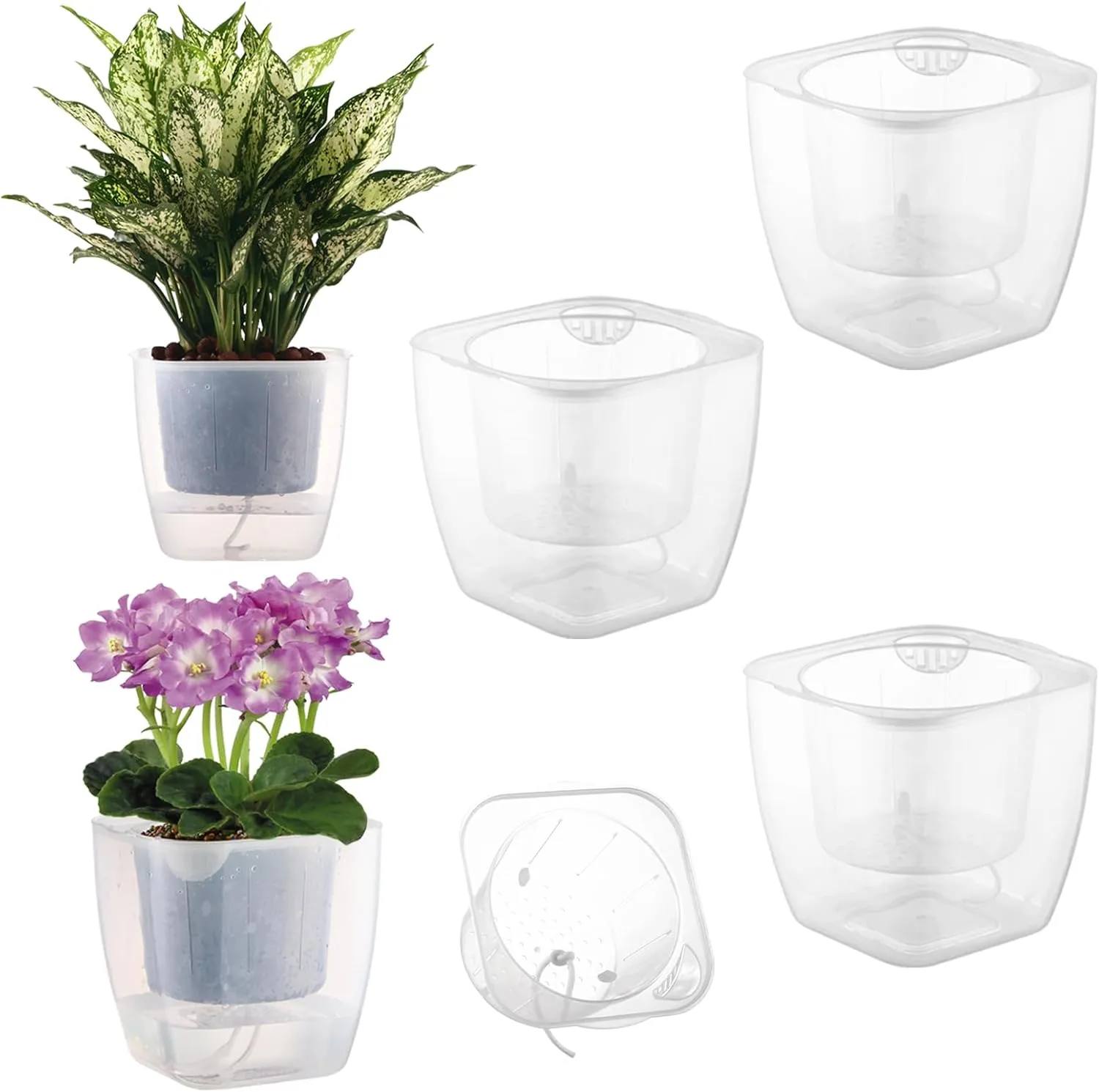 3-Pack Clear Self Watering Planters for Indoor Plants 7" Large African Violet Plant Pots Plastic Wick Flower Pots with Water Injection Hole, Orchid Plant Pot Set, Clear