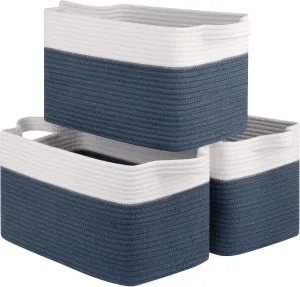 3 Packs Woven Storage Baskets for Organizing, Cotton Rope Decorative Baskets for Shelves, Storage Bins Set for Toys, Books, and Towels-13''Lx10''Wx8.6''H-Blue & White