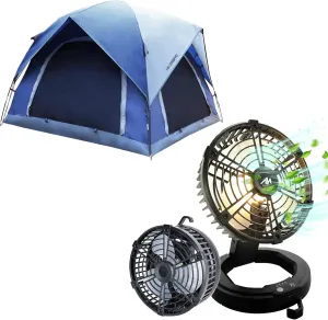 3 Person Tents with 2 Upgraded Doors & Half Mesh Ceiling & Portable Collapsible Camping Fan with LED Light, 3 Speed & Light Modes, Outdoor Tent Fans for Camping Fishing Hiking