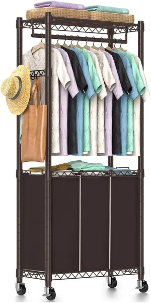 3-Section Laundry Sorter With Hanging Bar, Rolling Hamper Cart, Basket Organizer, Hanging Rack, Lockable Wheels and Removable Bags for Clothes Storage, Espresso