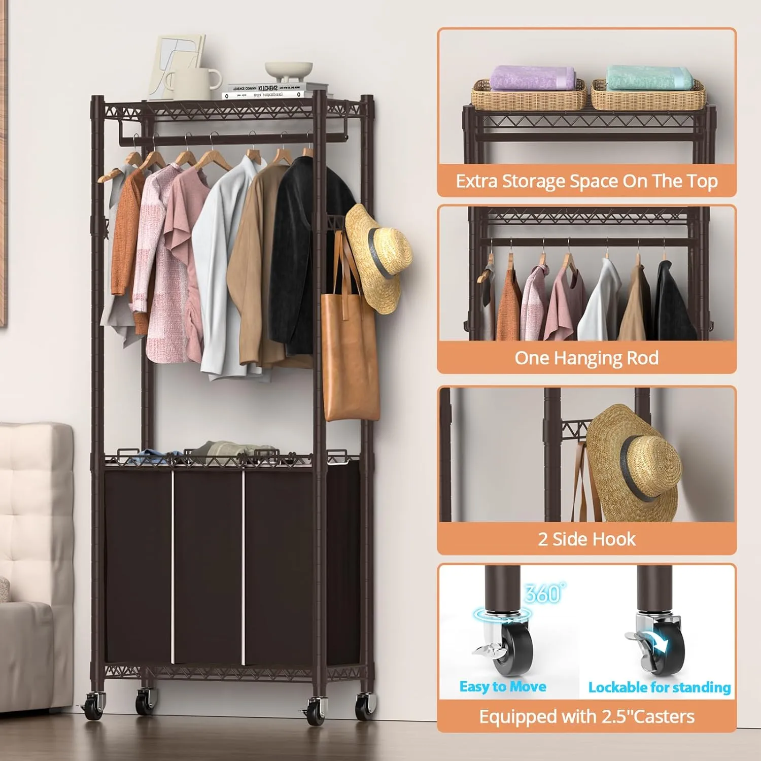 3-Section Laundry Sorter With Hanging Bar, Rolling Hamper Cart, Basket Organizer, Hanging Rack, Lockable Wheels and Removable Bags for Clothes Storage, Espresso
