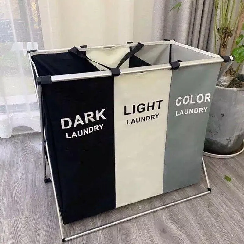 3 Sections Hamper Sorter Dark Light Folding Laundry Washing Basket Bag Holder Au