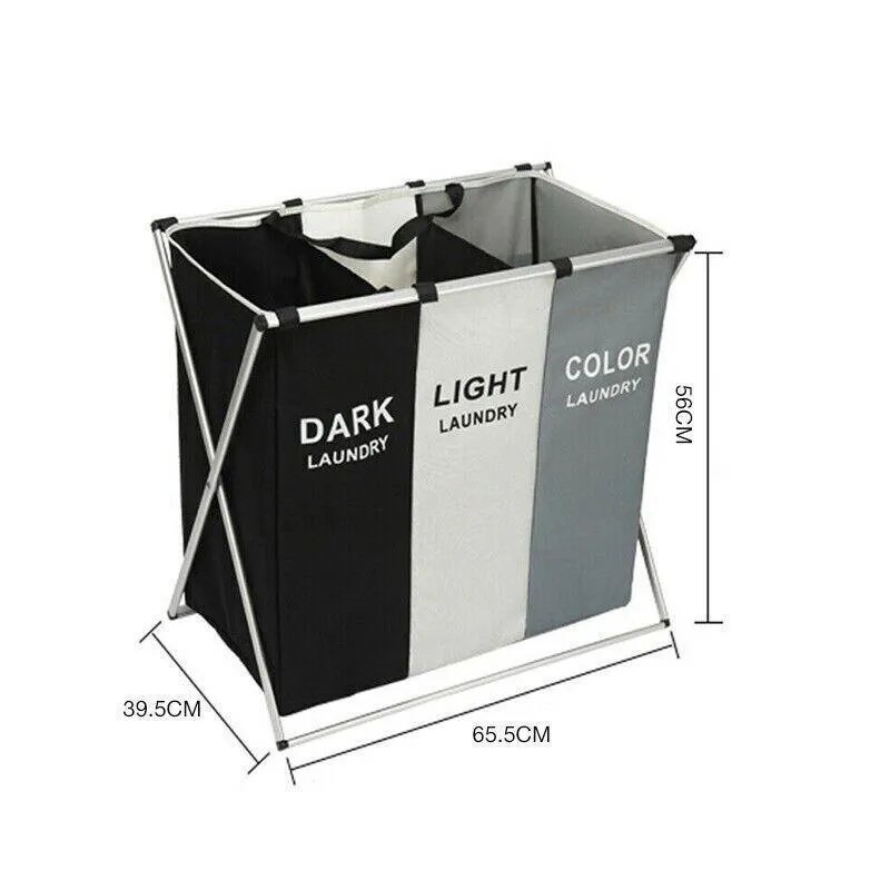 3 Sections Hamper Sorter Dark Light Folding Laundry Washing Basket Bag Holder Au