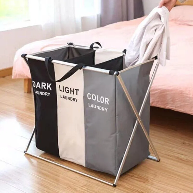 3 Sections Hamper Sorter Dark Light Folding Laundry Washing Basket Bag Holder Au