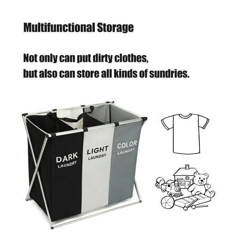 3 Sections Hamper Sorter Dark Light Folding Laundry Washing Basket Bag Holder Au