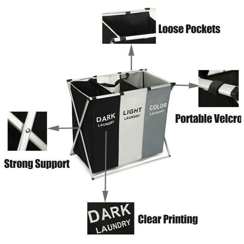 3 Sections Hamper Sorter Dark Light Folding Laundry Washing Basket Bag Holder Au