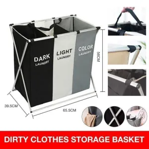 3 Sections Hamper Sorter Dark Light Folding Laundry Washing Basket Bag Holder Au