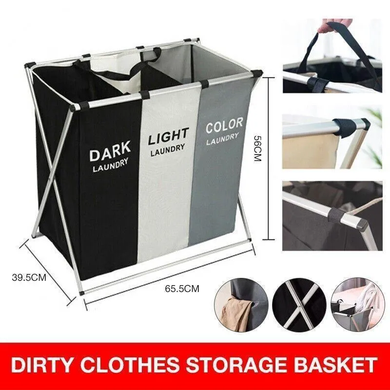 3 Sections Hamper Sorter Dark Light Folding Laundry Washing Basket Bag Holder Au
