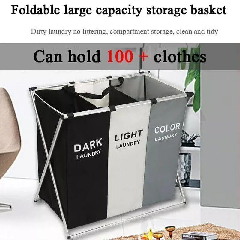 3 Sections Hamper Sorter Dark Light Folding Laundry Washing Basket Bag Holder Au