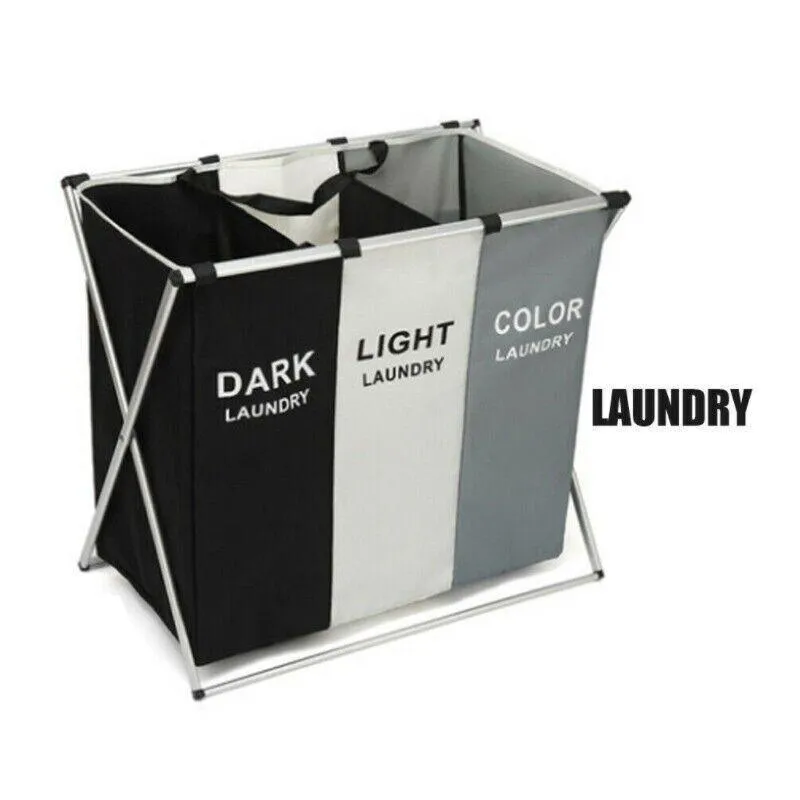 3 Sections Hamper Sorter Dark Light Folding Laundry Washing Basket Bag Holder Au