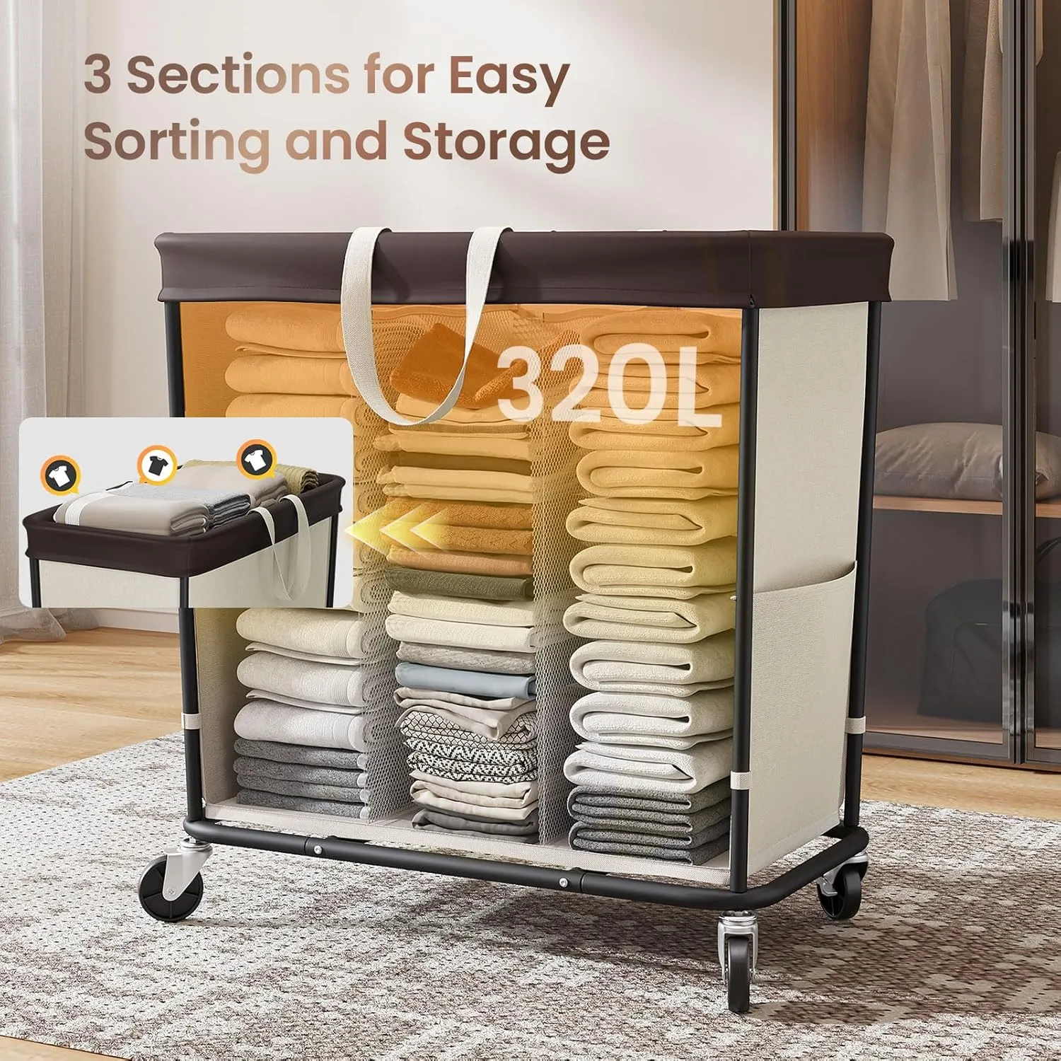 320L Laundry Basket with Wheels, 3-Section Rolling Hamper for Laundry, Extra Large Laundry Hamper with Wheels, Clothes Hamper Rolling Laundry Basket for Home, Bathrooms and Dorm(Beige)