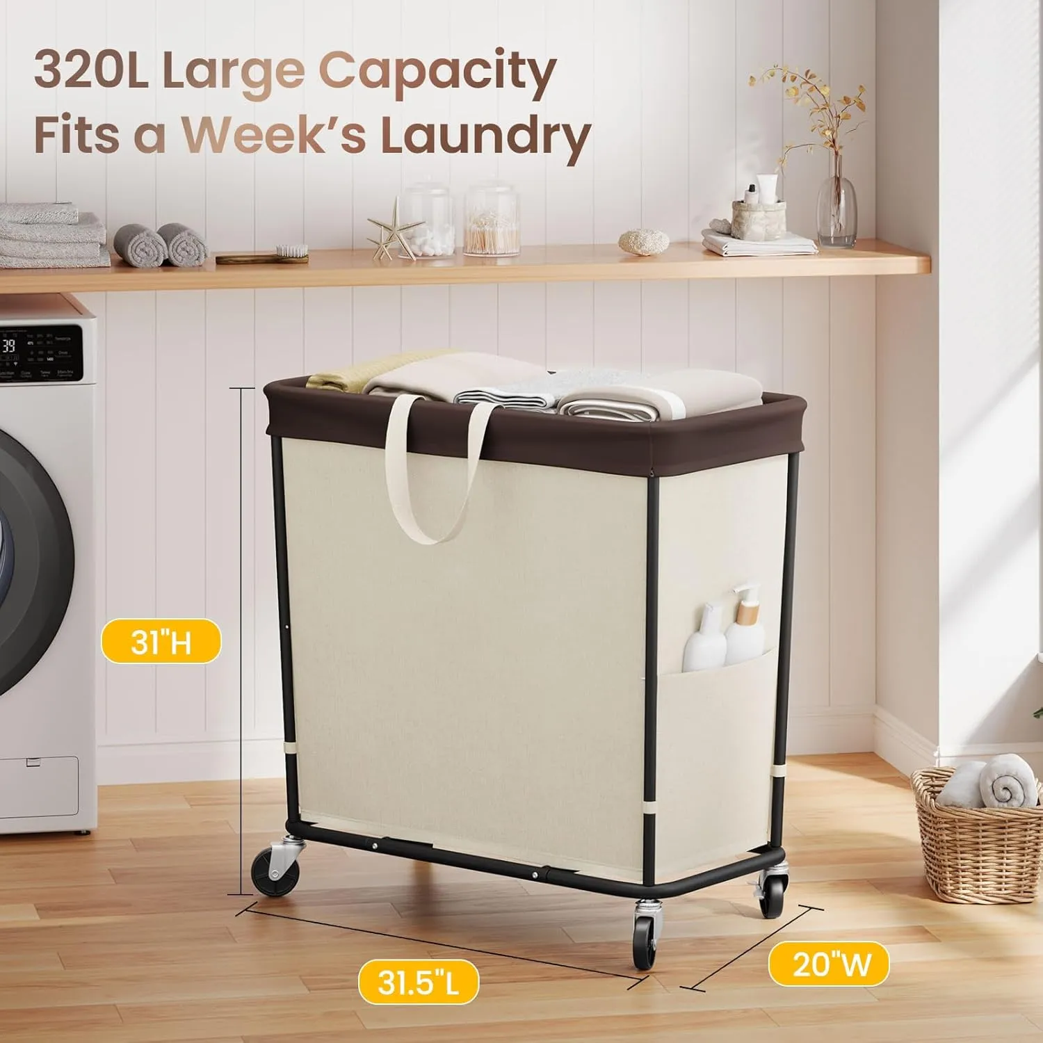 320L Laundry Basket with Wheels, 3-Section Rolling Hamper for Laundry, Extra Large Laundry Hamper with Wheels, Clothes Hamper Rolling Laundry Basket for Home, Bathrooms and Dorm(Beige)