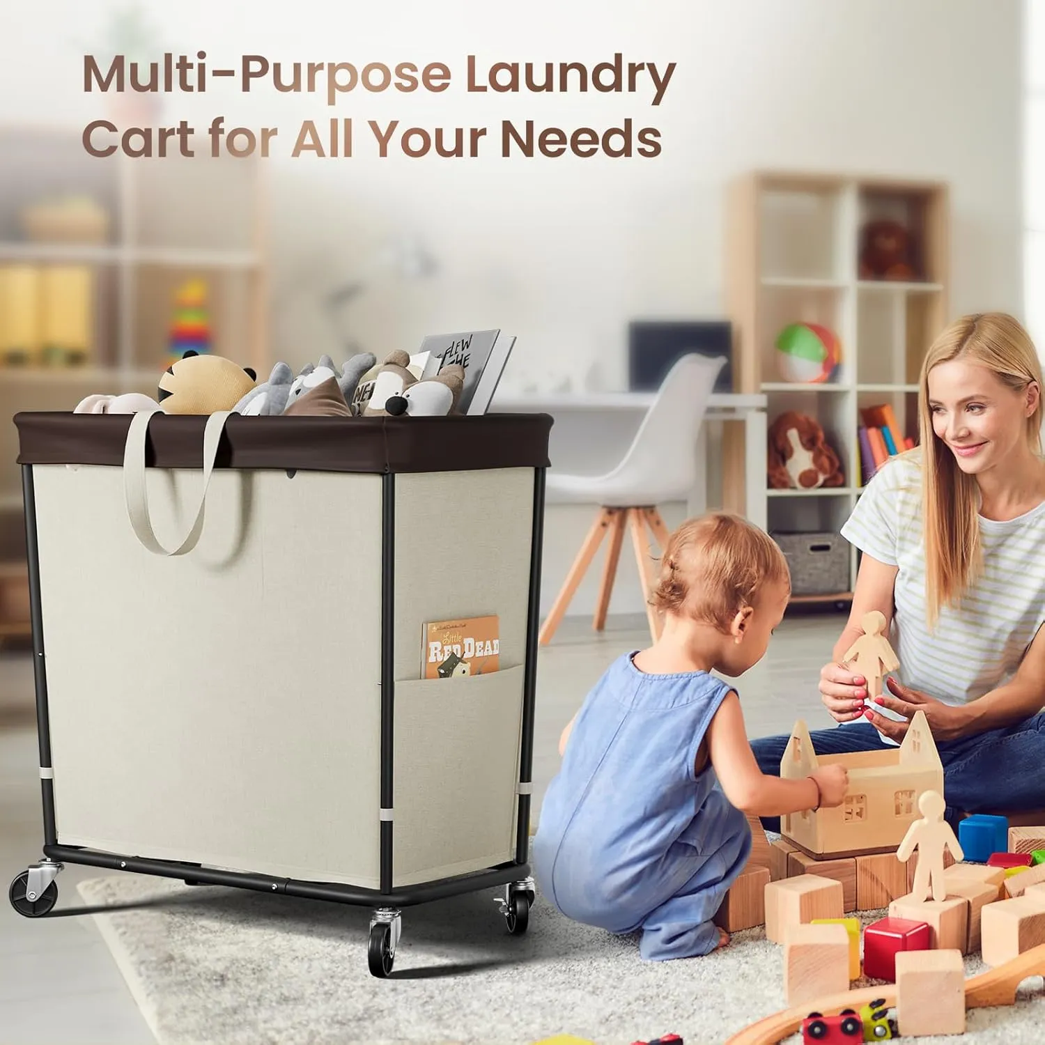 320L Laundry Basket with Wheels, 3-Section Rolling Hamper for Laundry, Extra Large Laundry Hamper with Wheels, Clothes Hamper Rolling Laundry Basket for Home, Bathrooms and Dorm(Beige)